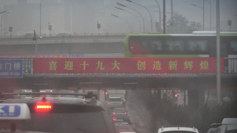 Shot of banner celebrating Xi Jinping as leader of Communist China