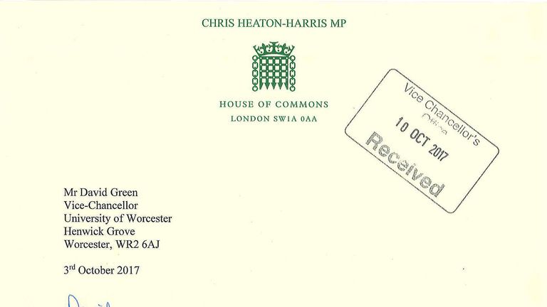 The letter Chris Heaton-Harris sent to Professor David Green