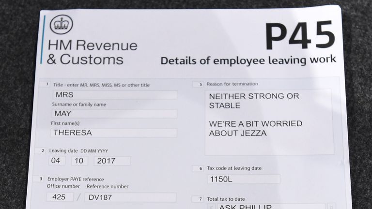 The P45 handed to Theresa May at the Tory conference in Manchester