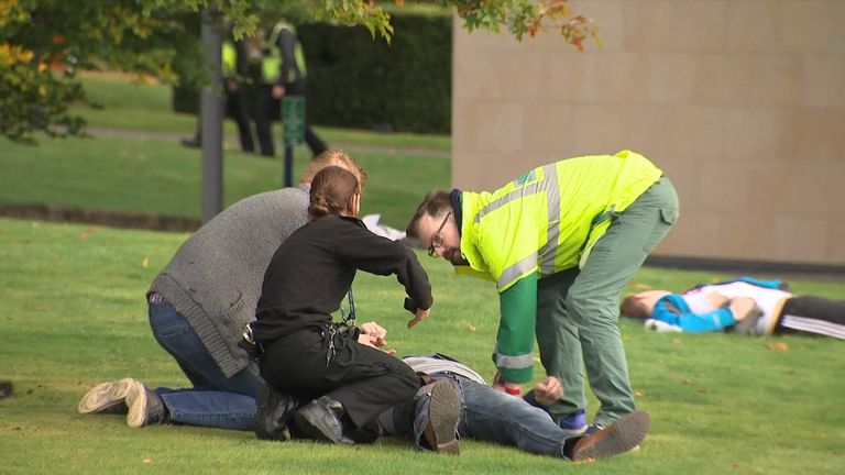 Emergency services treat one of the volunteer &#39;casualties&#39;