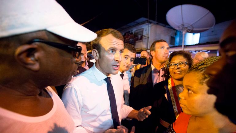 Emmanuel Macron during his visit to the Crique neighbourhood in French Guiana
