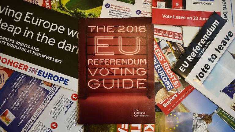 Leaflets delivered recently to British households, relating to the forthcoming European Union (EU) referendum, are arranged for a photograph in London on May 31, 2016. Money is at the heart of many a battle, and the June 23, 2016 referendum on whether Britain should stay in the European Union or quit is no exception. Voters are being hit with a blizzard of statistics from the 'Remain' and 'Leave' camps, often produced selectively to boost their side of the argument.