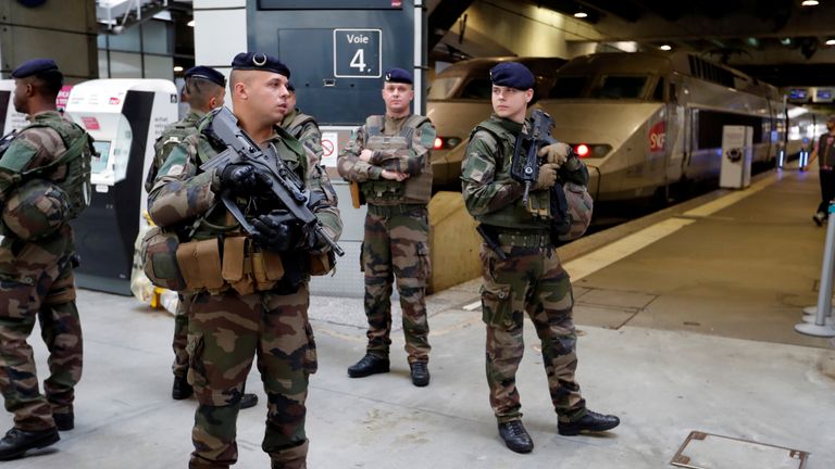 French soldiers at a train station in Paris