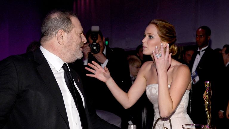 Harvey Weinstein, Executive Producer of the Silver Linings Playbook, and Jennifer Lawrence and her Academy Award for Best Actress in the film