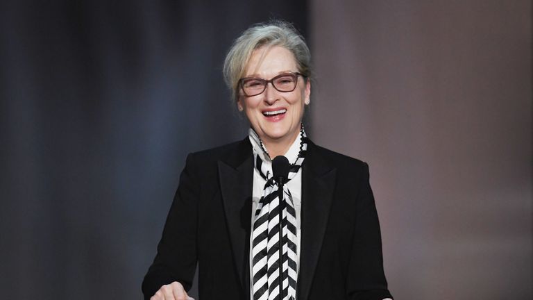 HOLLYWOOD, CA - JUNE 08: Actor Meryl Streep speaks onstage during American Film Institute&#39;s 45th Life Achievement Award Gala Tribute to Diane Keaton at Dolby Theatre on June 8, 2017 in Hollywood, California. 26658_007 (Photo by Kevin Winter/Getty Images)