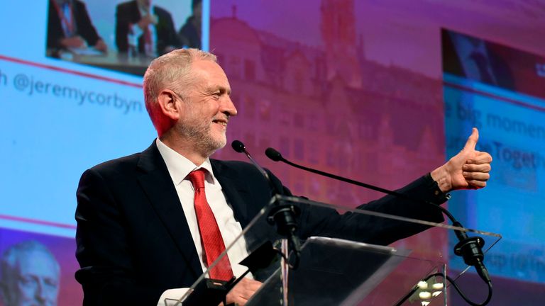 British Labour Party leader Jeremy Corbyn gestures as he speaks during a meeting of the Party of European Socialists (PES) in Brussels, on October 19, 2017 on the side of the first day of a summit of European Union (EU) leaders, set to rule out moving to full Brexit trade talks after negotiations stalled. / AFP PHOTO / JOHN THYS (Photo credit should read JOHN THYS/AFP/Getty Images)
