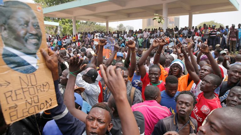 Supporters of Kenyan opposition National Super Alliance (NASA) coalition leader Raila Odinga as they demonstrate in Nairobi, Kenya