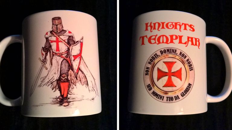 One of the Knights Templar crusader mugs at the centre of the row