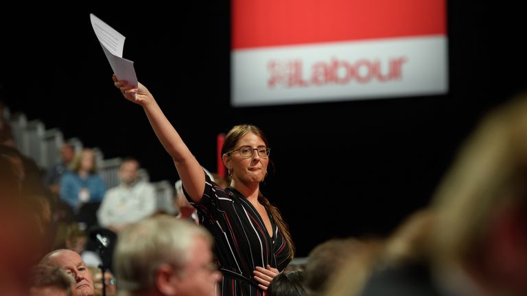 LIVERPOOL, ENGLAND - SEPTEMBER 25: Councillor Laura Pidcock of Unite the Union requests the chance to address delegates on the first day of the Labour Party Conference in the Exhibition Centre Liverpool on September 25, 2016 in Liverpool, England. Party leader Jeremy Corbyn will hope to re-unite the party after being re-elected leader yesterday. (Photo by Leon Neal/Getty Images)