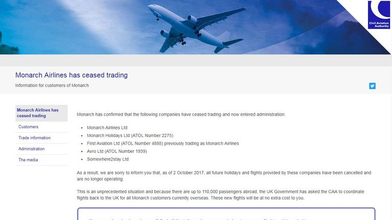Monarch&#39;s website redirects to a CAA page warning customers of the airline&#39;s collapse