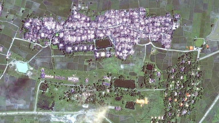 What Human Rights Watch says is the complete destruction of Rohingya villages next to an intact Rakhine village, in Maungdaw township, recorded on 21 September 2017.
