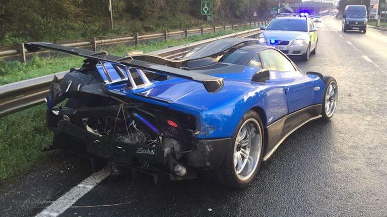 Handout photo issued by Sussex Police dated 21/10/2017 of one-of-a-kind blue Pagani Zonda, worth £1.5 million, after it was badly damaged when it smashed into a crash barrier