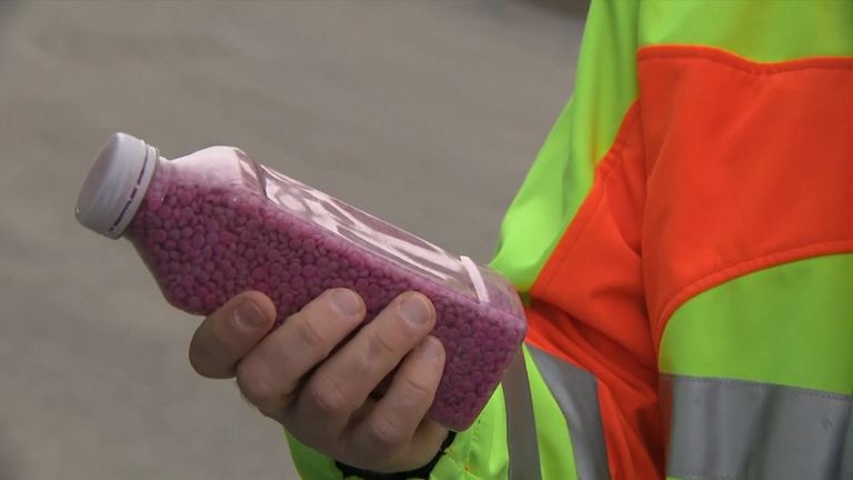 The pellets are made from landfill plastic and then go into an asphalt mix 