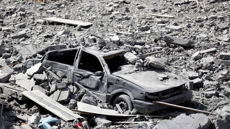 A vehicle destroyed by an air strike by coalition forces