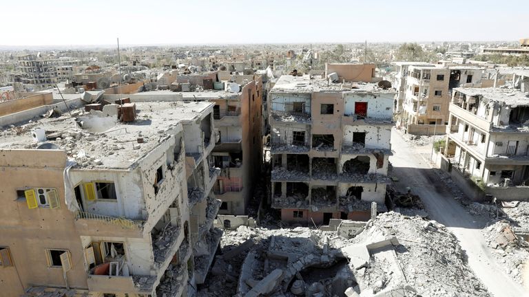 Destroyed buildings in a residential district at the frontline in Raqqa