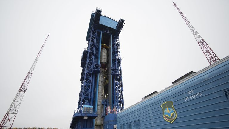 Sentinel-5P being lifted on top of the launcher at the Plesetsk Cosmodrome