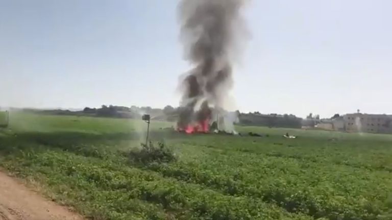 Smoke billows from the wreckage of the Eurofighter near a military base in Albacete