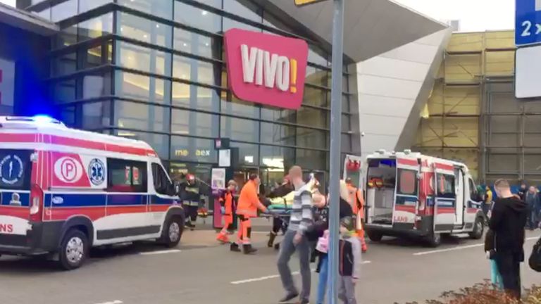 A victim is taken away in an ambulance following the stabbing attack in Stalowa Wola