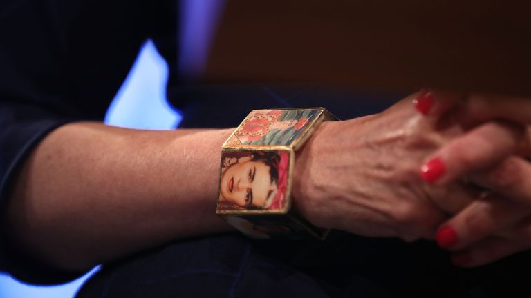 Theresa May wears a Frida Kahlo bracelet as she delivers her speech on the last day of the Conservative conference