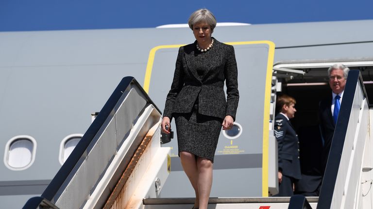 Theresa May arriving in Brussels for a NATO summit in May