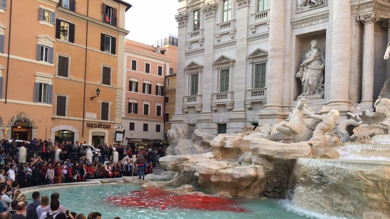 Red paint thrown into the Trevi fountain by a protester who was arrested 