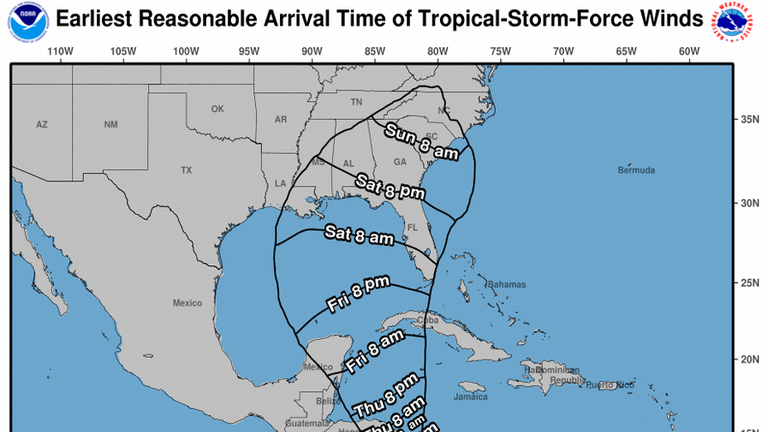 Estimated arrival times for tropical storm-force winds