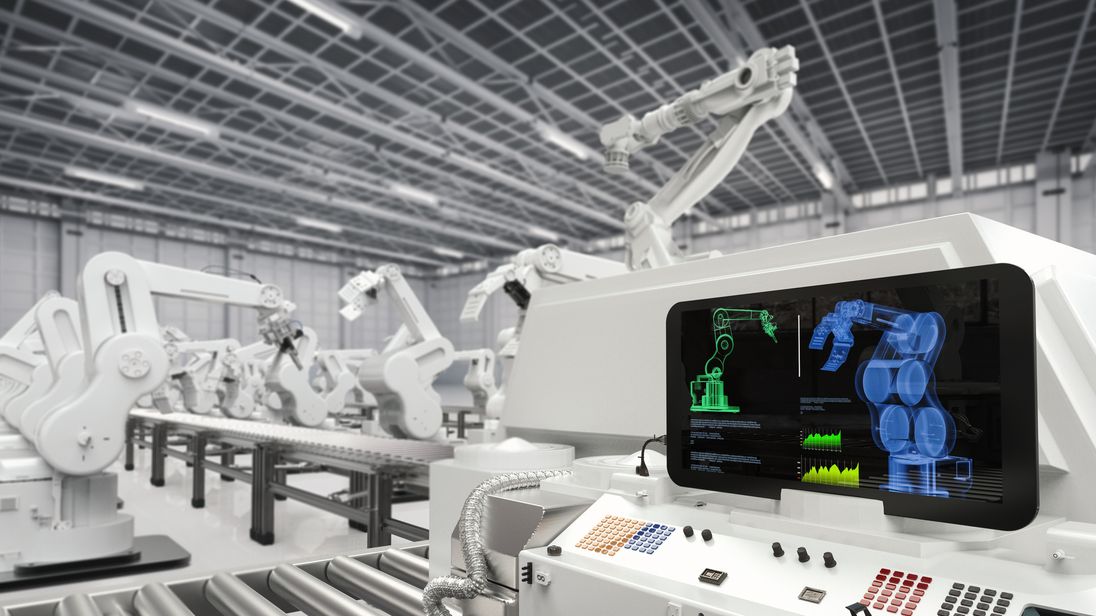 automation industry with 3d rendering monitor screen with robotic arms