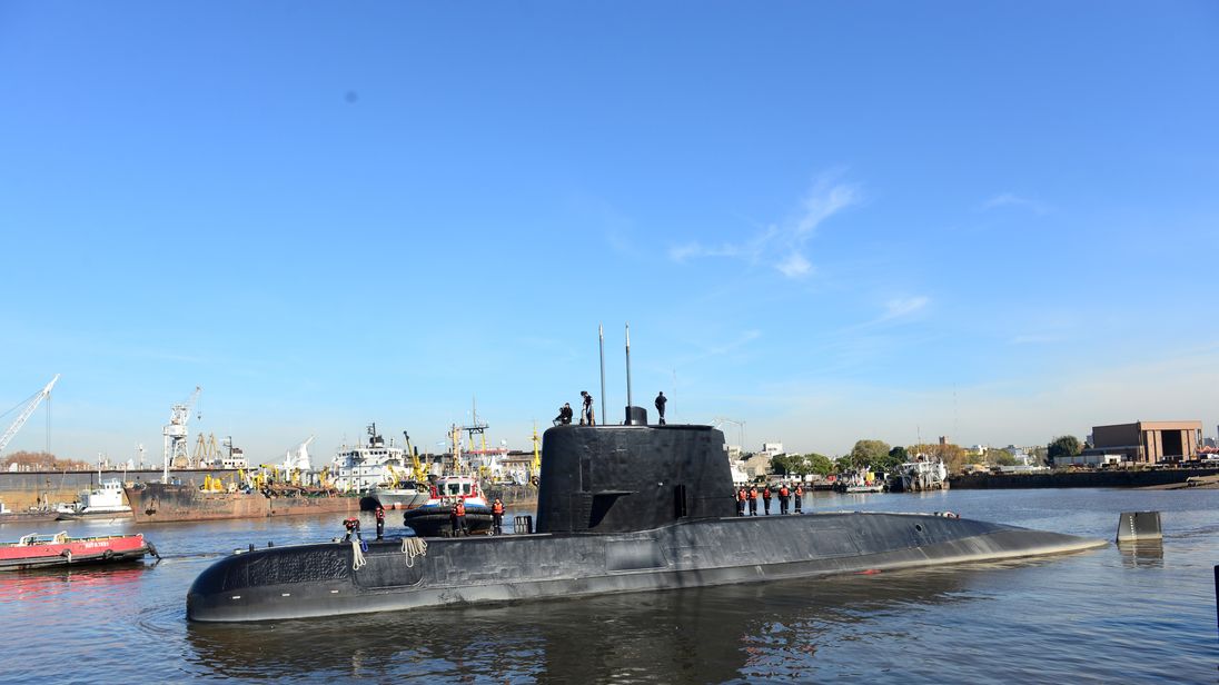 The Argentine military submarine ARA San Juan and crew are seen leaving the port of Buenos Aires, Argentina June 2, 2014
