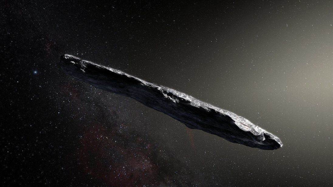 Undated European Southern Observatory handout image of an artistÕs impression showing the first interstellar asteroid: `Oumuamua. PRESS ASSOCIATION Photo. Issue date: Monday November 20, 2017. A lost interstellar asteroid has entered the solar system after wandering between the stars for hundreds of millions of years, scientists believe. The unique object, named Oumuamua, is highly elongated, about 400 metres (1,312 ft) long and coloured dark red. It is the first space rock from outside the sola