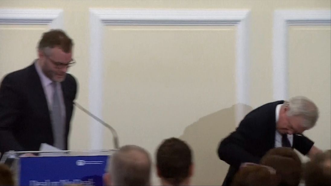 Brexit Secretary David Davis stumbled as he left the stage