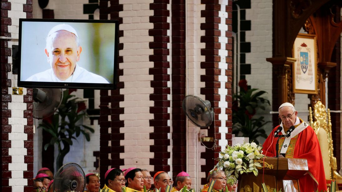Pope Francis leads a Mass at St Mary&#39;s Cathedral in Yangon, Myanmar 