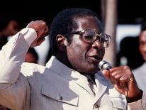 Zimbabwe&#39;s Prime Minister Robert Mugabe addresses the crowd in July 1984 in Harare stadium