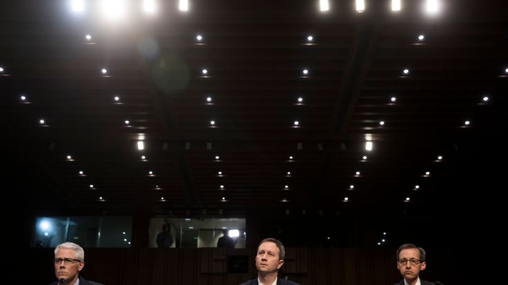 Representatives of Facebook (L), Twitter (C), and Google (R) testify durig a hearing on 'Extremist Content and Russian Disinformation Online'
