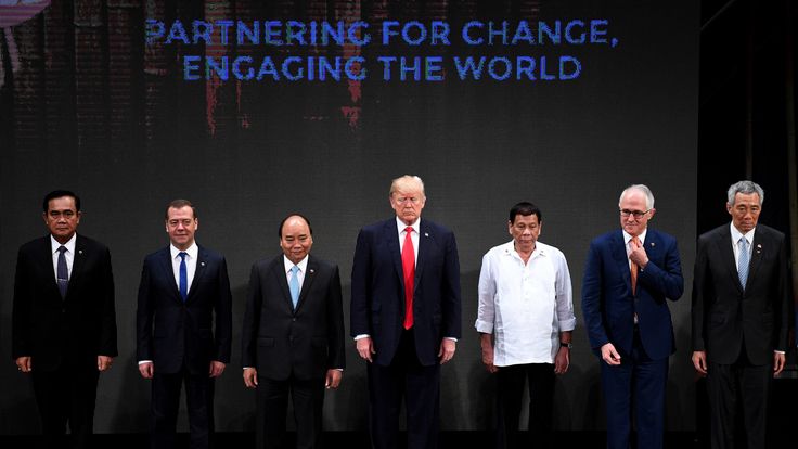 The Association of Southeast Asian Nations (ASEAN) members Thailand's Prime Minister Prayut Chan-O-Cha, Russian Prime Minister Dmitry Medvedev, Vietnam's Prime Minister Nguyen Xuan Phuc, US President Donald Trump, Philippine President Rodrigo Duterte, Australia Prime Minister Malcolm Turnbull, Singapore's Prime Minister Lee Hsien Loong, during the Opening ceremony of the 31st ASEAN Summit in Cultural Center