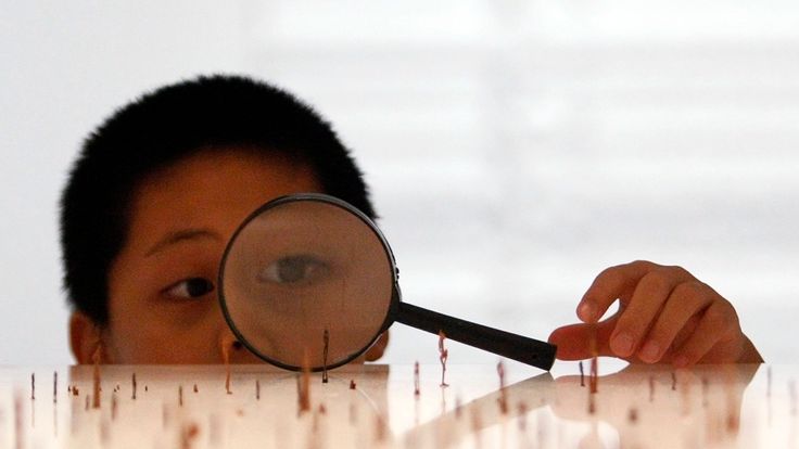A child looks through a magnifying glass at the "Cosmology of Life" wooden miniature sculptures by Indonesia&#39;s Toni Kanwa