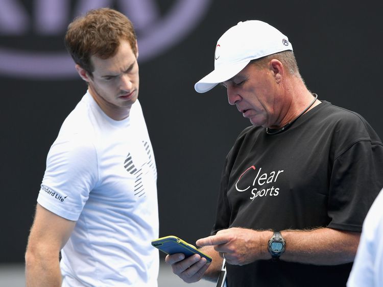 Andy Murray of Scotland talks to his coach Ivan Lendl during a practice session ahead of the 2017 Australian Open at Melbourne Park on January 15, 2017 in Melbourne, Australia