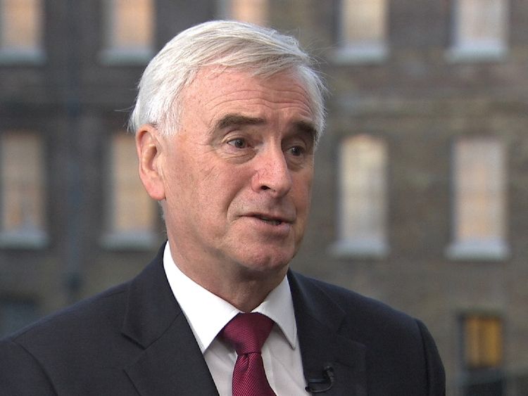 Shadow Chancellor John McDonnell MP talking outside Westminster.