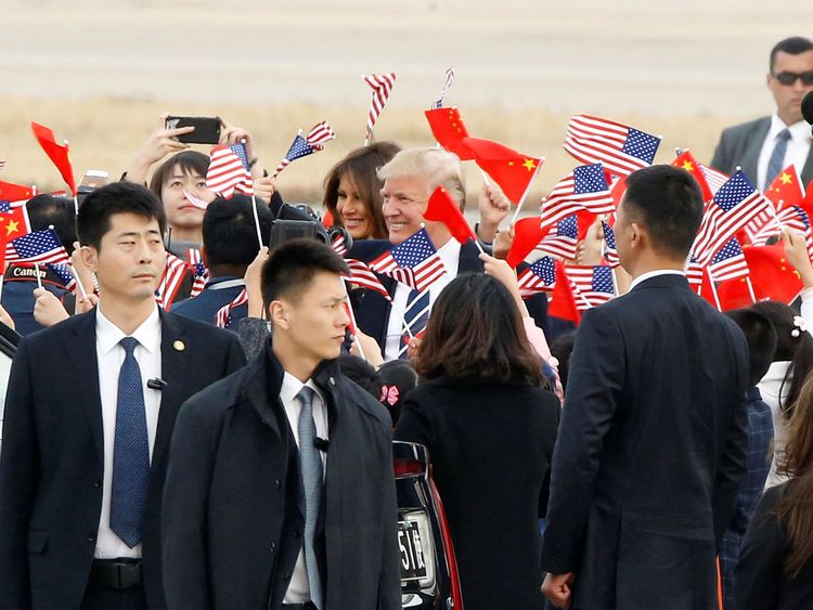 U.S. President Donald Trump and first lady Melania arrive on Air Force One at Beijing, China