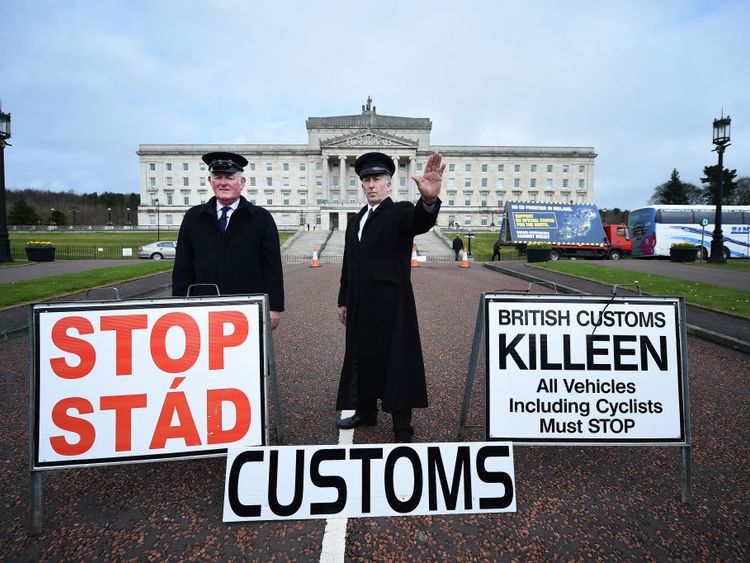 BELFAST, NORTHERN IRELAND - MARCH 29: Two men dressed as customs officers take part in a protest outside Stormont against Brexit and it's possible effect on the north and south Irish border on March 29, 2017 in Belfast, Northern Ireland. British Prime Minister Theresa May will address the Houses of Parliament later today as Article 50 is triggered and the process that will take Britain out of the European Union will begin. (Photo by Charles McQuillan/Getty Images)
