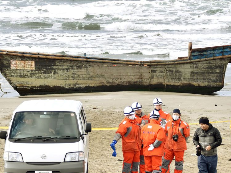 The wooden ship with eight skeletal bodies was found on a beach in the Sea of Japan on Monday