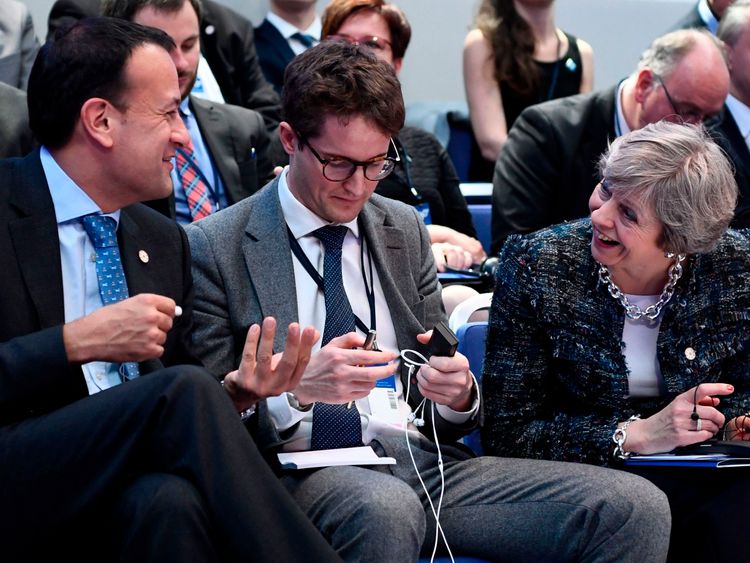 Ireland's Prime minister Leo Varadkar and Britain's Prime minister Theresa May talk ahead a discussion session during the European Social Summit in Gothenburg Sweden