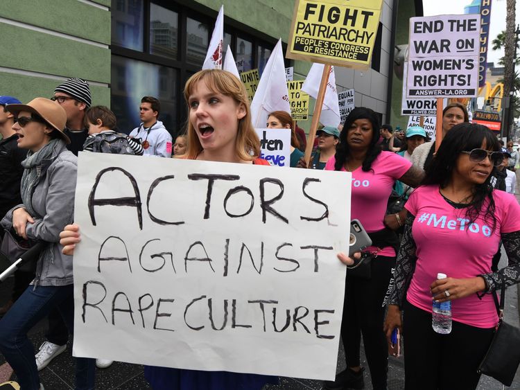 Victims of sexual harassment, sexual assault, sexual abuse and their supporters protest during a #MeToo march in Hollywood, California on November 12, 2017. Several hundred women gathered in front of the Dolby Theatre in Hollywood before marching to the CNN building to hold a rally. / AFP PHOTO / Mark RALSTON (Photo credit should read MARK RALSTON/AFP/Getty Images)