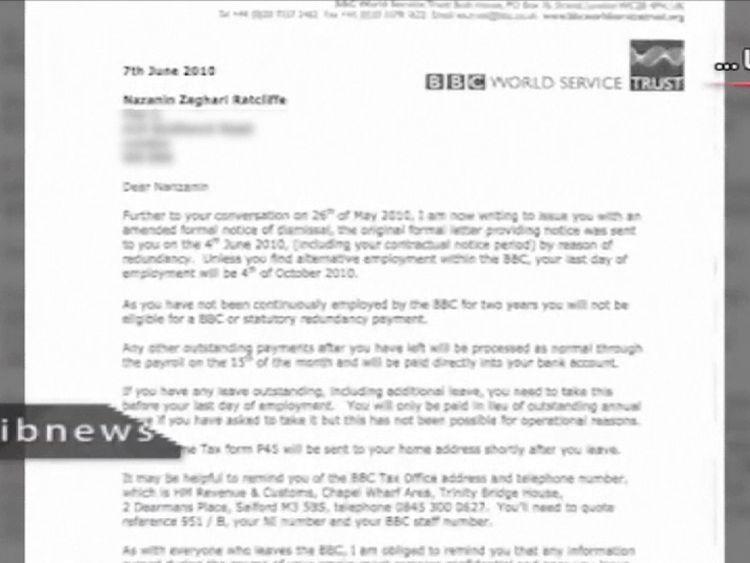 A BBC redundancy letter the Iranian regime claims is evidence Nazanin Zaghari-Ratcliffe was involved in undermining Iran