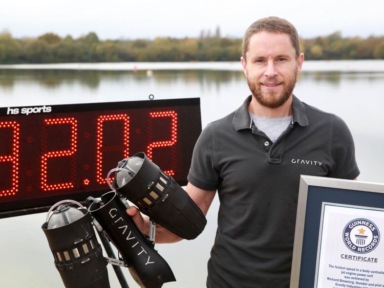 Richard Browning, founder and pilot at Gravity Industries Ltd, sets the Guinness World Record for &#39;the fastest speed in a body-controlled jet engine power suit&#39;, at Lagoona Park in Reading, in celebration of Guinness World Records Day 2017.