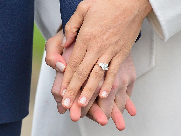 Meghan Markle shows off her  engagement ring in the Sunken Garden at Kensington Palace, London