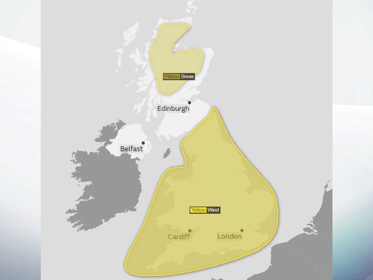 Weather warnings are in place across England, Wales and Scotland. Pic: Met Office