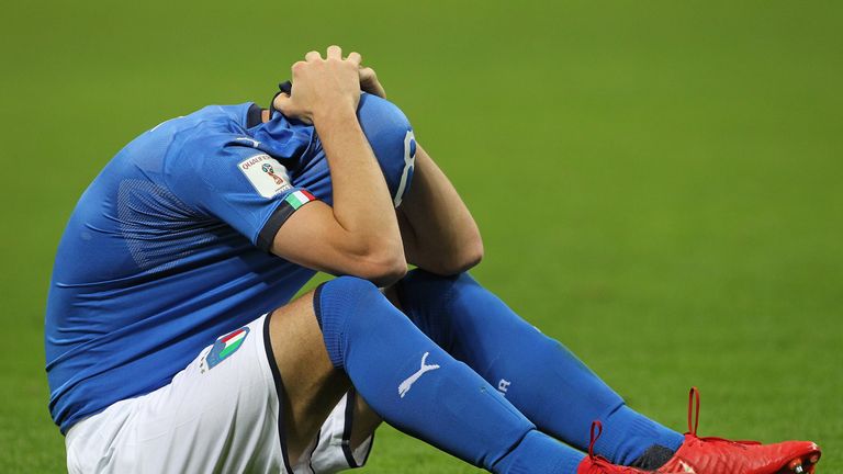 Alessandro Florenzi of Italy reacts after losing at the end of the FIFA 2018 World Cup Qualifier play-off against Sweden at the San Siro