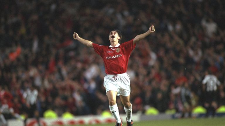 Gary Neville celebrates a goal in Manchester United's 3-2 win against Juventus at Old Trafford