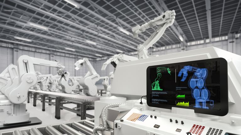 automation industry with 3d rendering monitor screen with robotic arms