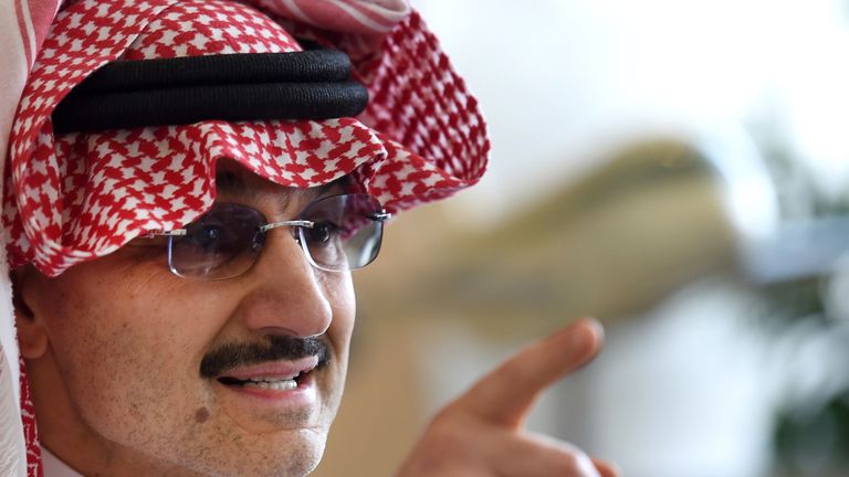 Saudi Arabia&#39;s billionaire Prince Alwaleed bin Talal speaks to reporters during a press conference in the Saudi capital, Riyadh, on July 1, 2015. Alwaleed pledged his entire $32-billion (28.8-billion-euro) fortune to charitable projects over the coming years. The prince said in a statement that the &#39;philanthropic pledge will help build bridges to foster cultural understanding, 